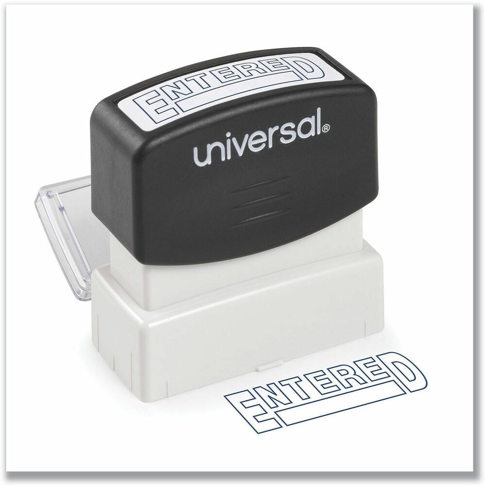 UNV10052 - Get your message across with a crisp, clean impression. Microporous ink surface ensures clarity. Soft-touch grip provides effortless stamping. Flip-open lid prevents accidental messes. Lasts for thousands of impressions. Stamp Type: Message; Message(s): ENTERED; Ink Types: Pre-Inked; Impression Width: 1 11/16".
