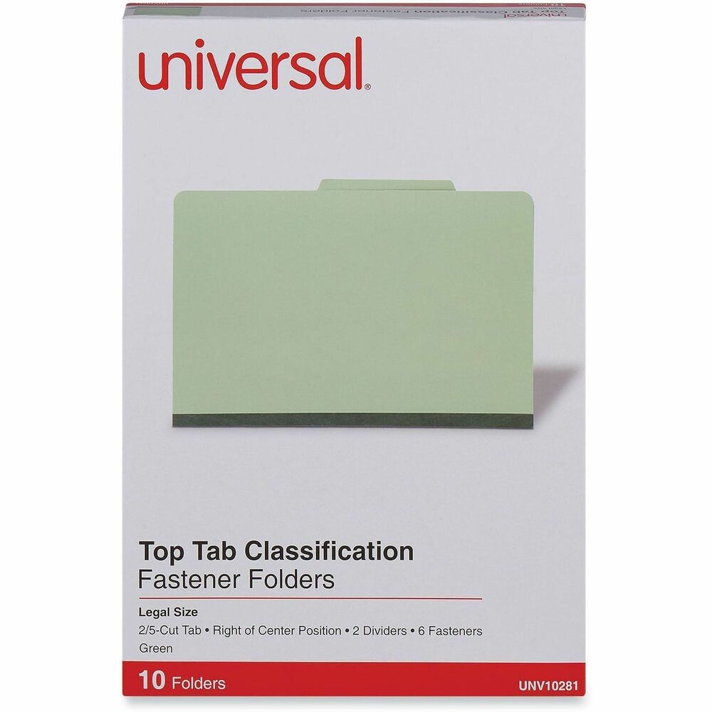 UNV10281 - Protect your paperwork with moisture-resistant classification folders. The multiple fasteners and dividers allow you to create subcategories for home or office filing. Customized filing allows you to simply sort and seek paperwork by subject or document type. 2/5-cut tabs with dividers provide space for labeling and easy file identification. Folders are built with heavyweight paper construction to withstand repeated use.