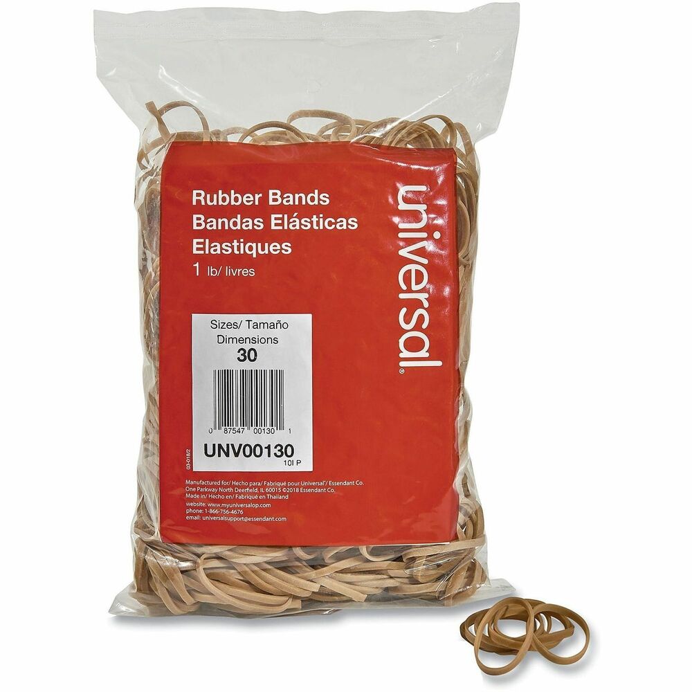 UNV00130 - General purpose rubber bands for home or office use. Approximate Band Count: 1,100; Band Trade Size: 30; Band Gauge: 0.04"; Band Width: 0.13".