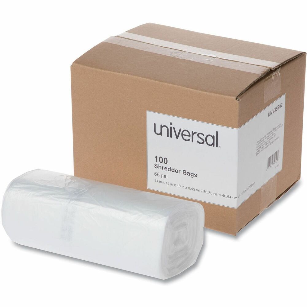 UNV35952 - High-density polyethylene resin bags are designed for use with all size-compatible shredders. The clear, puncture-resistant bags are perforated in a continuous roll. The box opens to become a convenient dispenser. Simply open the shredder and insert the bag into the shredder cavity to collect paper and waste from the machine. The sealed bottom keeps contents inside the bag without breaking.