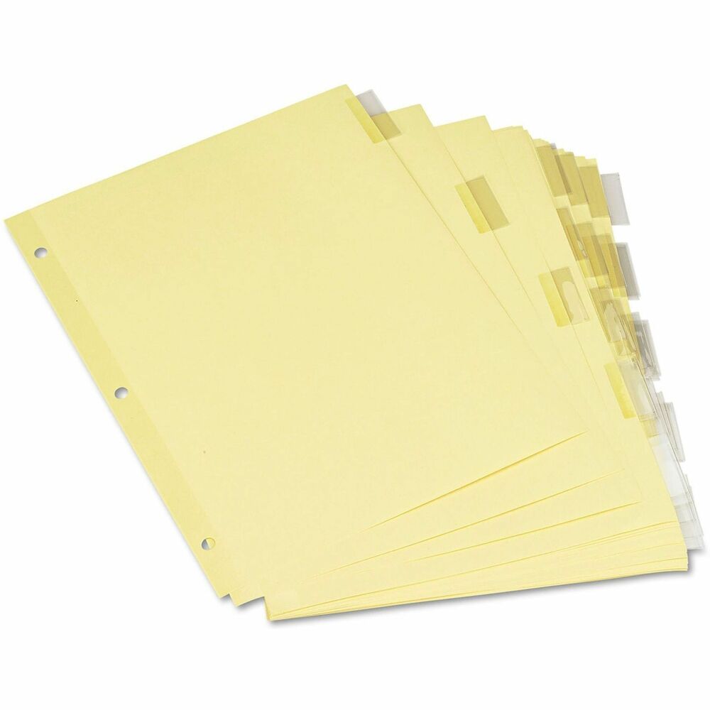 UNV21871 - Keep larger binder files organized with a three-hole punched, buff separation sheets with blank tab inserts. The tab folders are constructed with a single-sided clear Mylar reinforced binding edge. Built with enhanced durability to prevent tear out. The built-in holes eliminate the need for a hole punch and ensure the tabs line up perfectly. Great for organizing large files, notes, chapters, and sections within larger binder files.