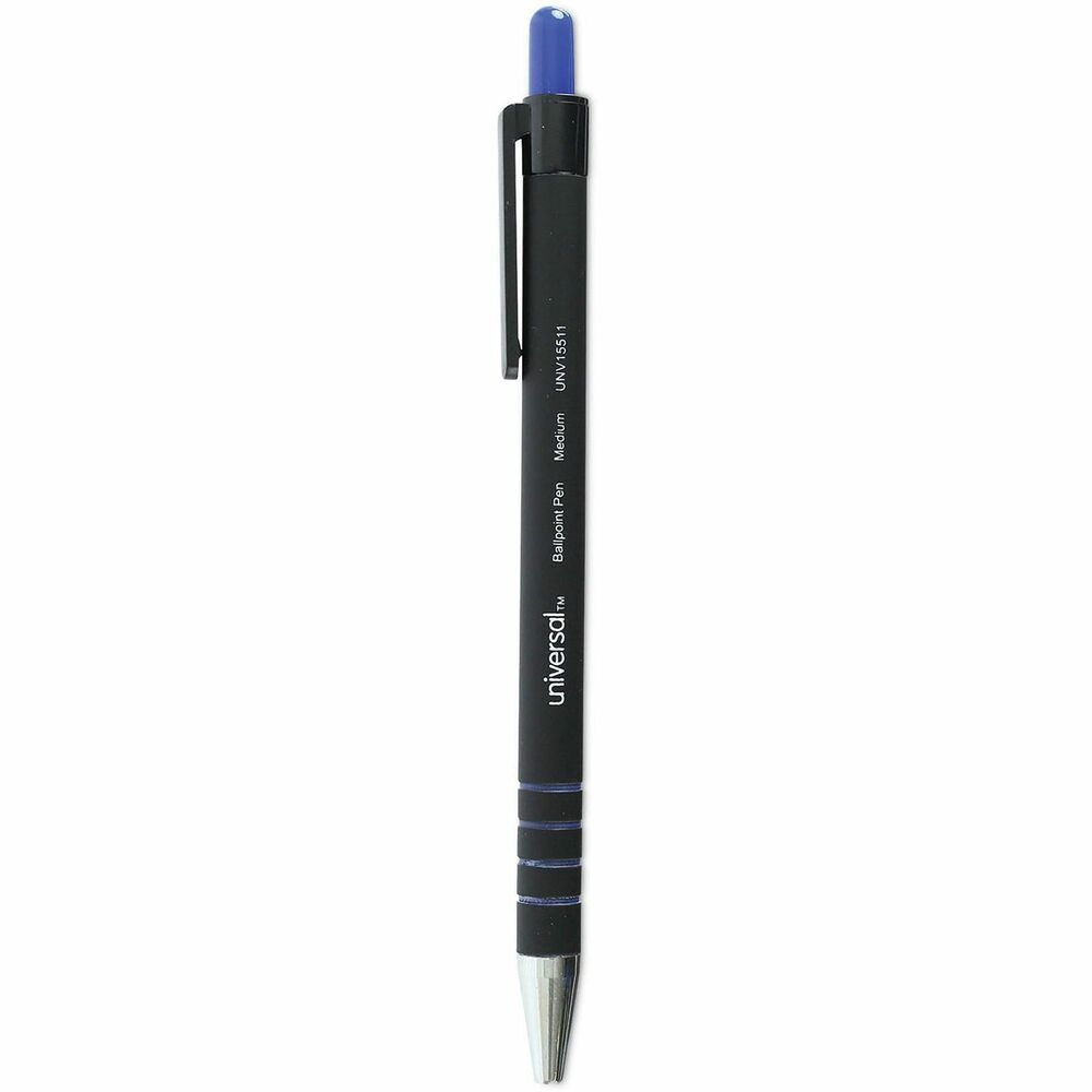 UNV15511 - Universal Retractable Ballpoint Pen features a rubberized barrel with ringed, no-slip grip that's easy to hold. The stable and rubberized barrel provides exceptional comfort and a secure grip for precision writing. The quick-drying, water-resistant ink won't smear or run, keeping your documents safe and legible. The retractable pen protects pockets and purses by keeping ink inside the pen when closed.