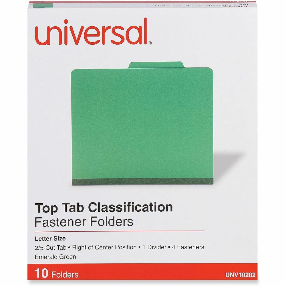 UNV10202 - Color-code your filing with heavy-duty covers in vivid colors. Organize and subdivide materials with 2" capacity prong fasteners inside front and back 25 pt. pressboard covers. 1" capacity metal fastener on each side of 20 pt. Kraft dividers. Tear resistant reinforced gusset for added durability during expansion.
