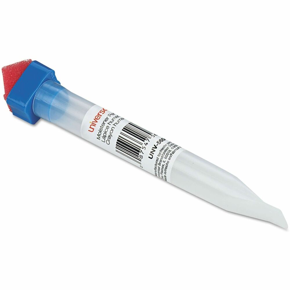 UNV56501 - Eliminates the need to lick envelopes. Distributes moisture evenly without over-wetting. Long-lasting polyurethane sponge. Use with water. Pencil Style Moistener-Clear plastic, pencil-like barrel distributes moisture without overwetting. Moistener Size: 2 oz; Color(s): Blue; Clear; Material(s): Plastic/Foam (Water-Fillable).