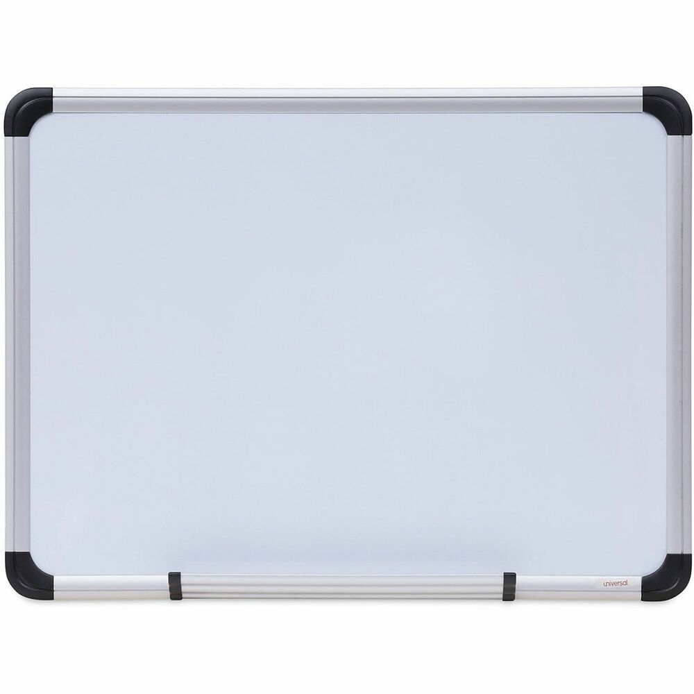 UNV43732 - Stylish and functional dry erase board that also doubles as magnetic bulletin board. Built with a magnetic lacquered-steel surface that is suitable for frequent use and is compatible with all dry-erase markers. Modern, contoured aluminum frame features attractive, protective, black, rounded, plastic corners. Four-corner system enables vertical and horizontal mounting with included hardware. Dry erase markers and eraser sold separately.