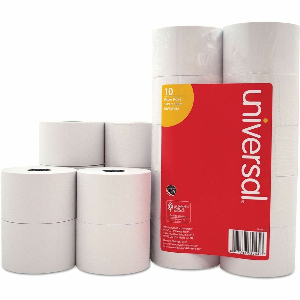 UNV35744 - These impact and inkjet bond paper rolls are designed for businesses requiring durable and professional-quality paper. Made from premium bond paper, they ensure longevity and a crisp appearance for permanent records. The lint-free design minimizes paper jams, while the near-end indicator provides timely alerts for roll replacement. With compatibility across various machines, these rolls are ideal for use in adding machines, calculators, cash registers and POS systems.