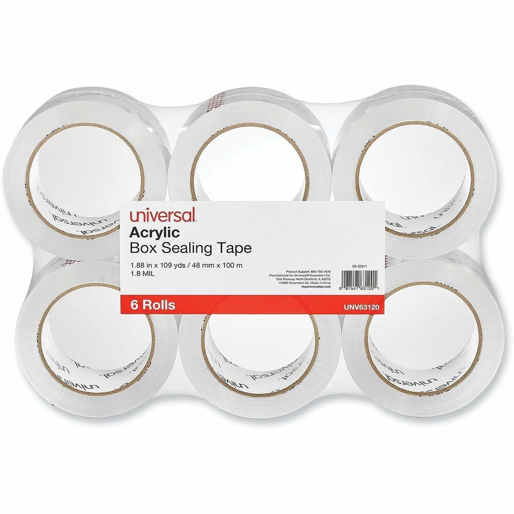 UNV63120 - Medium-grade, acrylic tape that's the reliable choice for general-purpose box sealing and wrapping. Composed of biaxially-oriented polypropylene (BOPP) film that's coated with high-grade, pressure-sensitive emulsion acrylic adhesive. Designed to handle medium weight box sealing and other packaging applications where it's exposed to normal shipping hazards and stress. Resists splits, bursts, moisture, and ultraviolent light. Will not turn yellow. Works with most tape guns, which are sold separately.