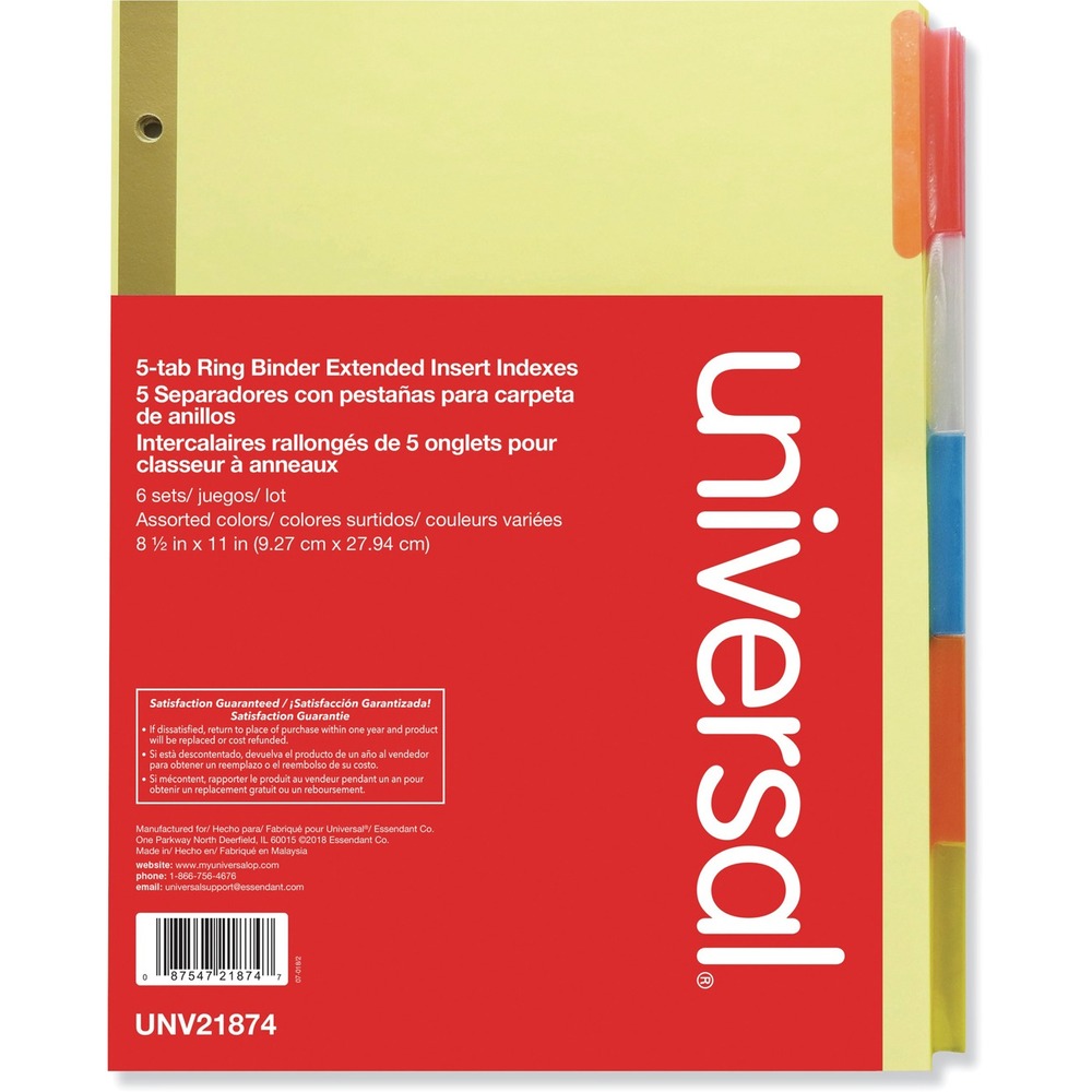 UNV21874 - Keep larger binder files organized with a three-hole punched, separation sheets with extra-long tab inserts for longer titles. The tab folders are constructed with a double-sided gold Mylar reinforced binding edge. Built with enhanced durability to prevent tear out. The built-in holes eliminate the need for a hole punch and ensure the tabs line up perfectly. Great for organizing large files, notes, chapters, and sections within larger binder files.