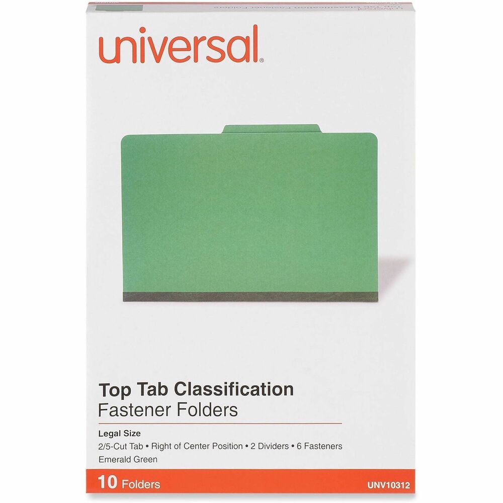 UNV10312 - Color-code your filing with heavy-duty covers in vivid colors. Organize and subdivide materials with 2" capacity prong fasteners inside front and back 25 pt. pressboard covers. 1" capacity metal fastener on each side of 20 pt. Kraft dividers. Tear resistant reinforced gusset for added durability during expansion.