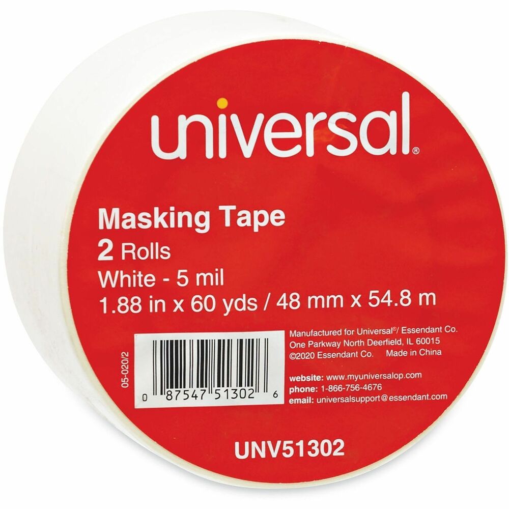 UNV51302 - Beige crepe paper masking tape coated with an aggressive pressure-sensitive natural rubber adhesive. Designed primarily as an all-purpose product for non-critical applications. Ideal for interior paint masking, textile, carpet seaming, silk screening, mail rooms, golf club shaft (build-up), and for light-duty bundling, packaging, industrial, manufacturing, splicing, and tabbing. Tears easily. Lays down flat and won't lift or curl. Removes easily without leaving a residue.