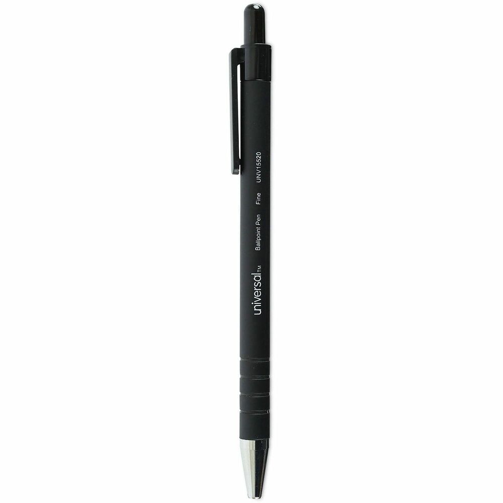 UNV15520 - Universal Retractable Ballpoint Pen features a rubberized barrel with ringed, no-slip grip that's easy to hold. The stable and rubberized barrel provides exceptional comfort and a secure grip for precision writing. The quick-drying, water-resistant ink won't smear or run, keeping your documents safe and legible. The retractable pen protects pockets and purses by keeping ink inside the pen when closed.
