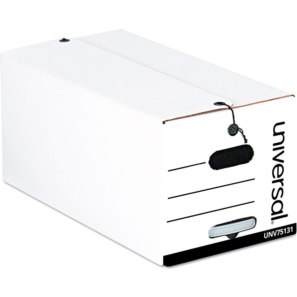 UNV75131 - Universal Deluxe Quick Set-up String-and-Button Boxes are ideal for storing heavy files and keeping documents organized. The sturdy, corrugated construction adds strength and value. Equipped with a string-and-button tie closure, you can securely store box contents and not worry about them tipping over and spilling out. Save assembly time with this light-duty box. Great for archiving and storing files and documents on storage racks, file cabinets, or other flat surfaces.