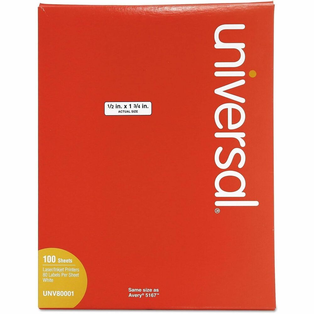 UNV80001 - Permanent, self-adhesive labels stay right where you place them. Easy to apply, they help you complete your labeling tasks more quickly. Address a letter or package in your own unique style. Laser and inkjet compatible. Templates available in popular software. 8 1/2 x 11 sheets. Address Labels. Shape: Rectangular; Label Size - text: 0.5 x 1.75; Label Color(s): White; Color Family: White.