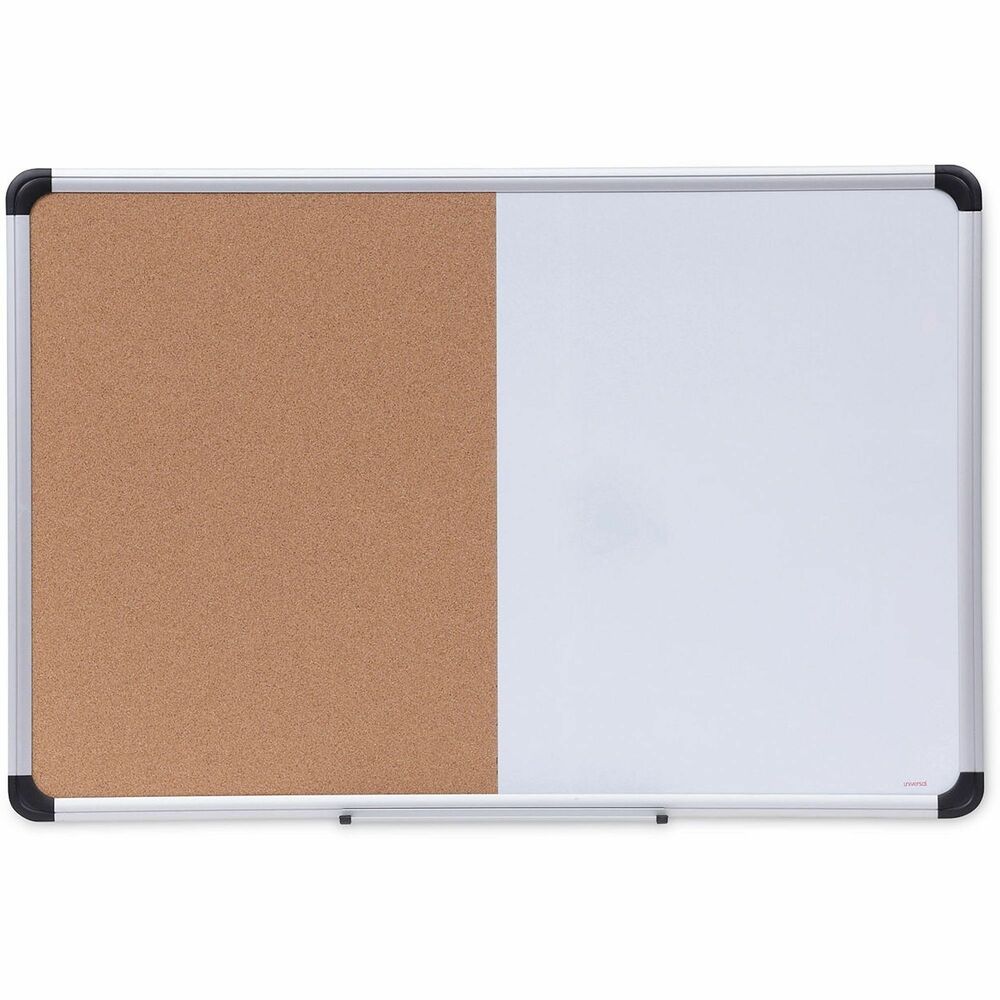 UNV43743 - The ultimate organizer combination for any workspace. A versatile and functional combination board that is one half dry-erase magnetic lacquered steel writing surface and one half natural-cork bulletin surface. Equipped with a satin-finished aluminum frame that features attractive, rounded, plastic corner accents. Dry erase board wipes clean with eraser, cloth, or dry erase wipes. Markers, pushpins, and eraser are sold separately.