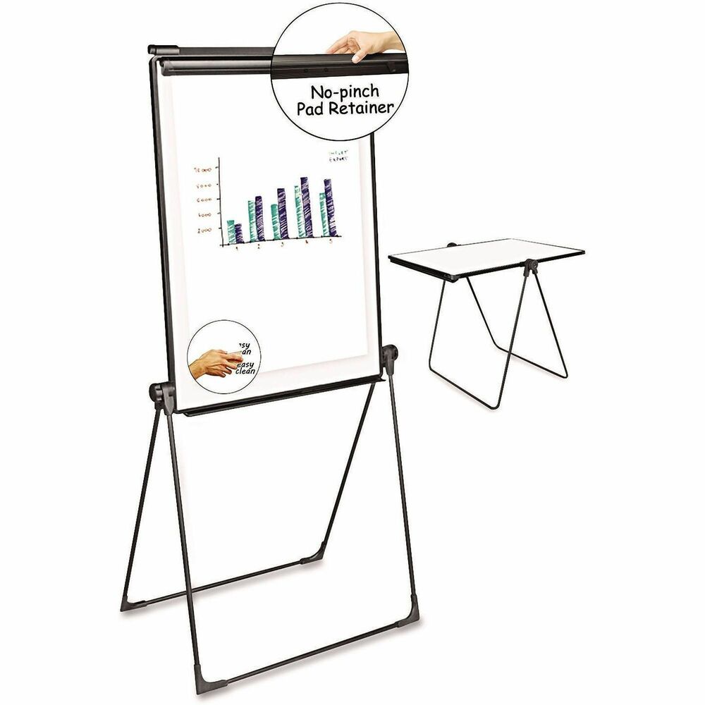 UNV43030 - Double-sided, melamine dry-erase board features no-pinch retainers with adjustable pad hooks to accommodate any size easel pad. Stable, tubular-metal easel frame enables two configurations: presentation board and tabletop worksurface. Great for hotels, schools, libraries, hospitals, executive offices, conference rooms, board rooms and more. Folds flat for storage. Tabletop worksurface configuration height: 42". Presentation-board configuration height: 67".
