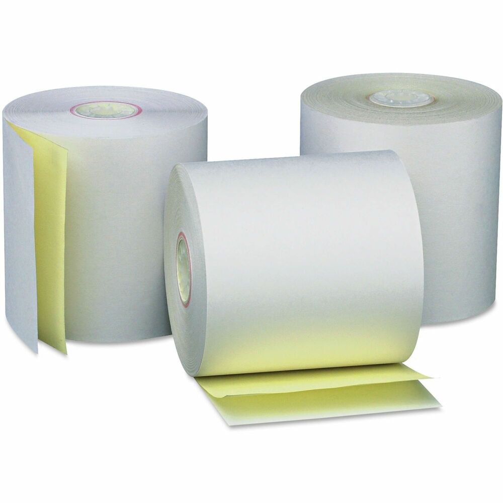 UNV35767 - Premium carbonless paper rolls deliver crisp, clear black images, ensuring high-quality prints. Each roll features an end-of-roll indicator, alerting users when replacement is needed. Manufactured without elemental chlorine. Ideal for cash registers, POS systems, and impact printers, they meet OEM specifications for reliable performance.