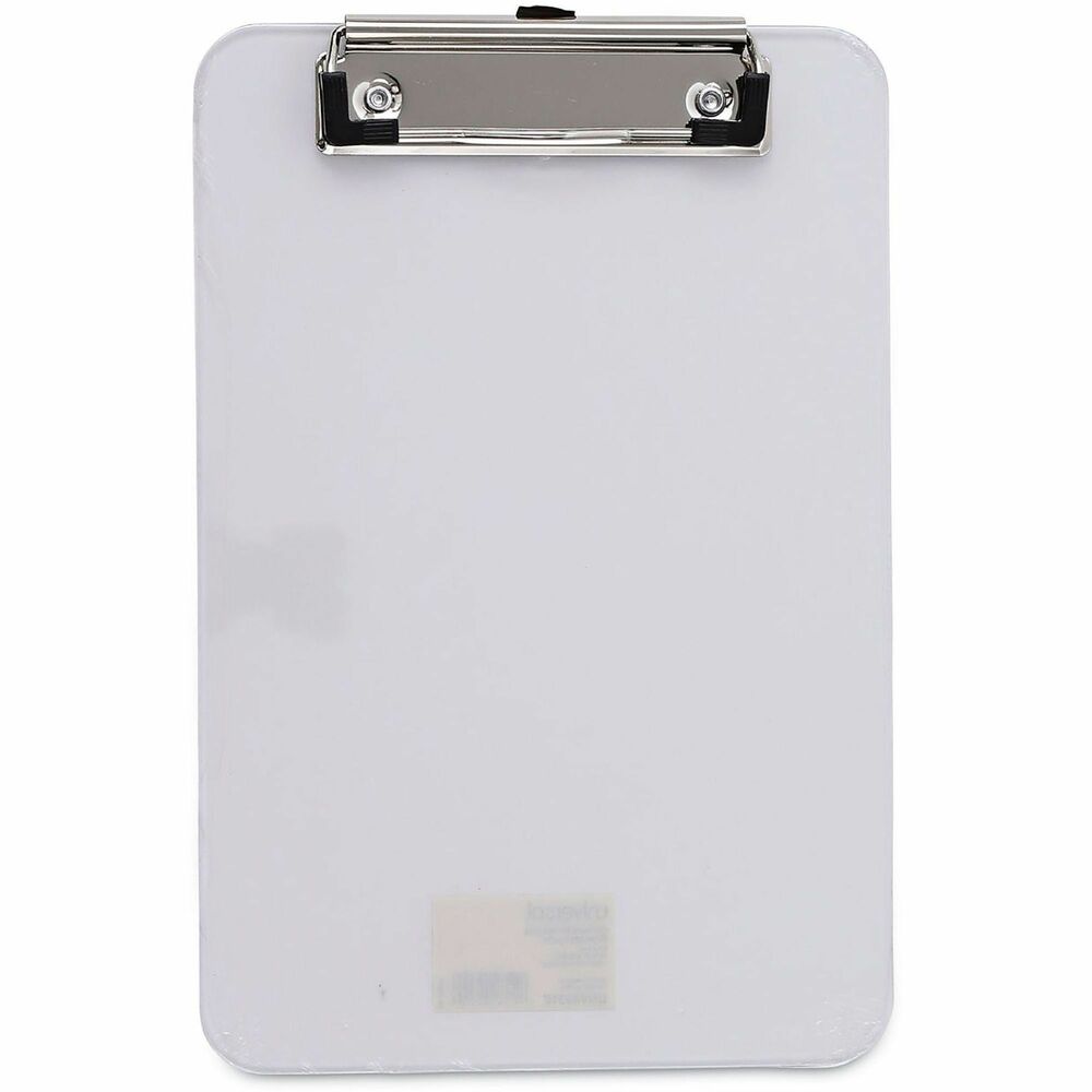 UNV40312 - Shatter-resistant, plastic construction, clipboard ensures durable performance in the most demanding environments. Provides a smooth writing surface with a powerful clip that holds papers in place. SAE and metric rulers on either edge of the clipboard which provide added convenience and improved functionality. The low-profile safety clip eliminates the possibility of accidental openings, while making the clipboard easier to store in briefcases, file cabinets, laptop bags and more.