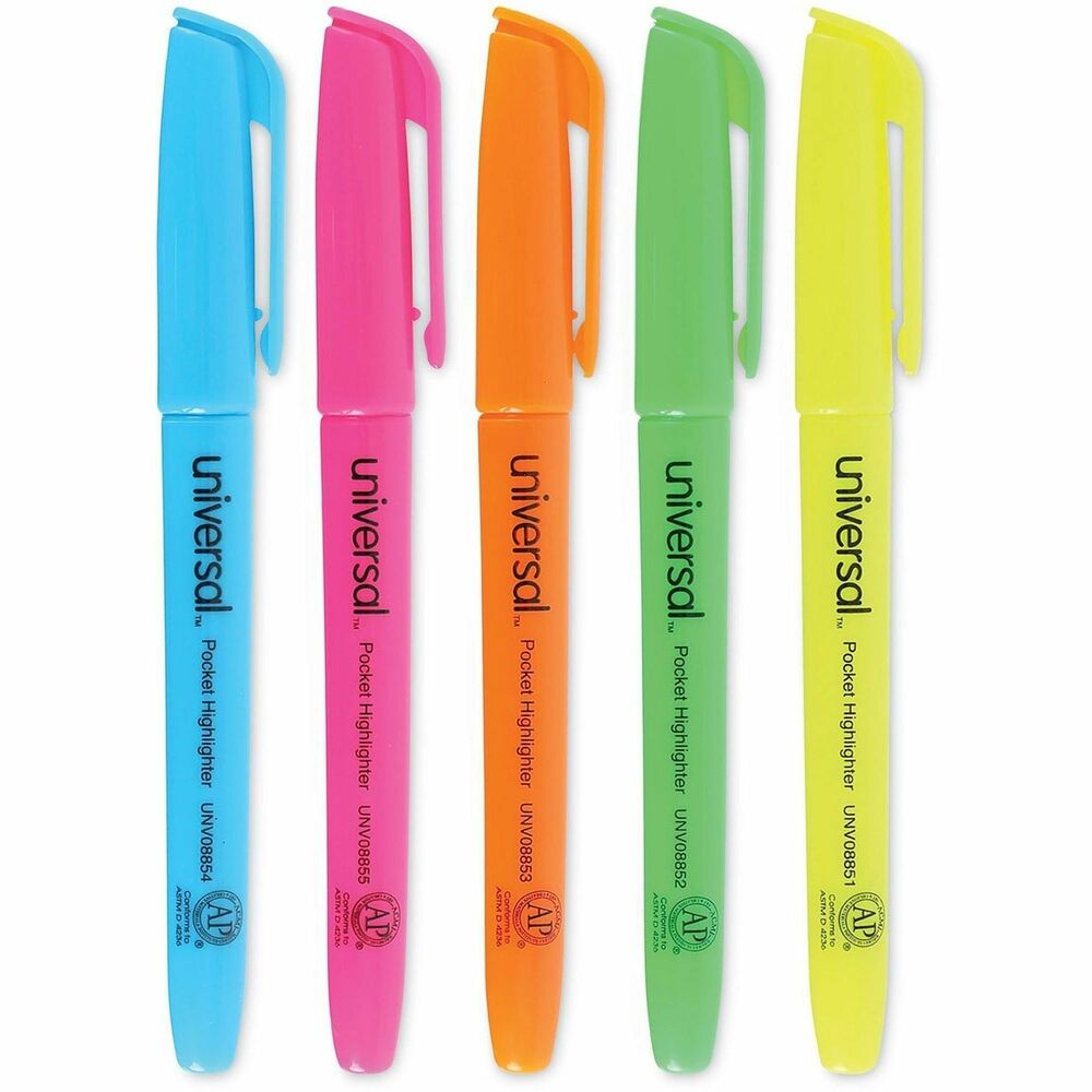 UNV08857 - Universal™ Pocket Highlighters are well-designed highlighting pens that feature bright, vibrant colors. The chisel tip allows for both broad and narrow lines. Long cap with pocket clip holds firmly on either end of the highlighter so it doesn't get lost. The bright ink stands out on the page and dries quickly. Enjoy effortless highlighting with a slender barrel that's comfortable and easy to hold.