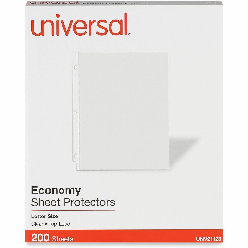 UNV21123 - Three-hole punched for 8 1/2" x 11" inserts. Reinforced edge withstands constant use in binders without tearing. No photocopy transfer; archival-quality. Loads from the top. Load Orientation: Top; Sheet Capacity: 2; Sheet Protector Type: Ring Binder; Insert Size: 8 1/2 x 11.