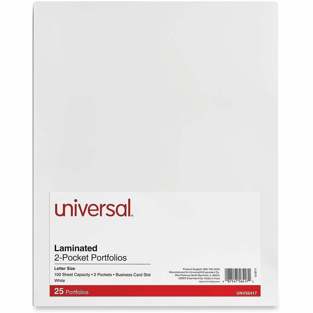 UNV56417 - Convenient, laminated two-pocket folder is the complete solution for business presentations, keeping all of your documents neat and organized. Laminated high-gloss covers are durable and easy to wipe clean. Die-cut business card holder on the inside keeps contact information easily accessible. Generous capacity of up to 100 sheets per folder.