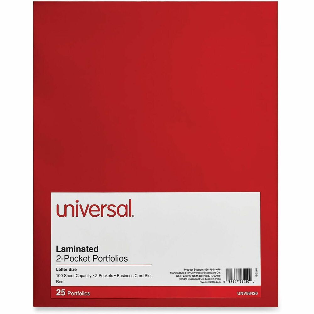 UNV56420 - Convenient, laminated two-pocket folder is the complete solution for business presentations, keeping all of your documents neat and organized. Laminated high-gloss covers are durable and easy to wipe clean. Die-cut business card holder on the inside keeps contact information easily accessible. Generous capacity of up to 100 sheets per folder.