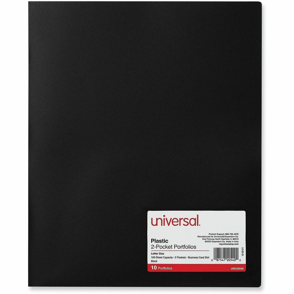 UNV20540 - Two pocket heavyweight poly folders. Plastic material is highly durable for heavy usage and resists tearing compared to paper equivalents. Ideal for standard letter size paper, presentations, and booklets, keeping everything neatly organized. Die-cut business card holder keeps contact information easily visible. Generous capacity of up to 100 sheets per folder.