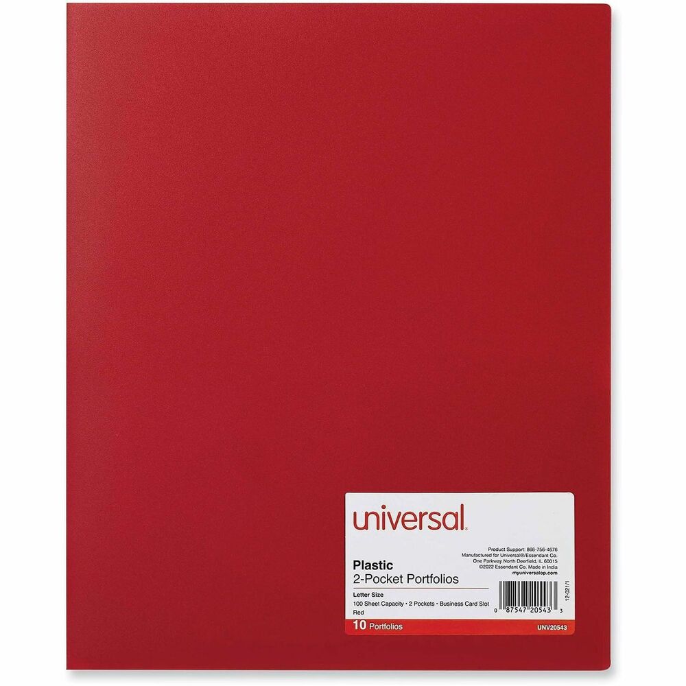 UNV20543 - Two pocket heavyweight poly folders. Plastic material is highly durable for heavy usage and resists tearing compared to paper equivalents. Ideal for standard letter size paper, presentations, and booklets, keeping everything neatly organized. Die-cut business card holder keeps contact information easily visible. Generous capacity of up to 100 sheets per folder.