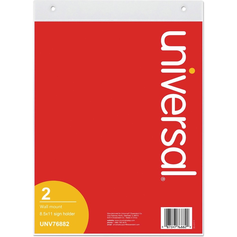 UNV76882 - This wall mounted horizontal/landscape sign holder keeps signage neat and clean and protects it from damage. Features pre-drilled holes for easy wall mounting and includes two mounting screws. Signage loads from the top and can be easily changed without removing sign holder from wall. Durable plastic construction. Multi-pack includes two wall signs with mounting screws. Frame Color: Clear; Size: 8 1/2" x 11"; Insert Size: 8 1/2 x 11; Material(s): Plastic.