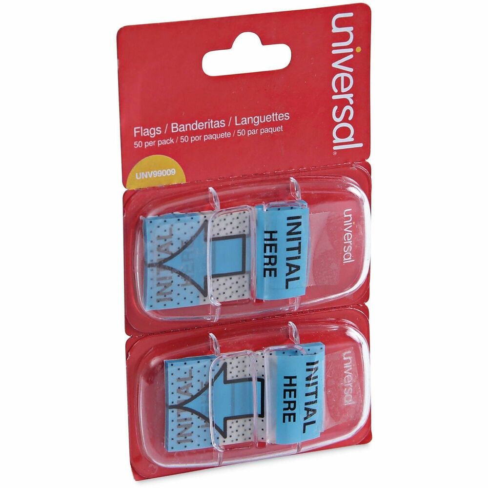 UNV99009 - Convenient message flags prevent confusion when signing contracts, releases and forms. Bright, easy-to-spot flags feature eye-catching, bold print that indicates what needs to be done. Reusable and re-positionable. Packaged in a handy pop-up dispenser. Color(s): Blue; Color Family: Blue; Message(s): INTITAL HERE; Dispenser: Pop-Up.