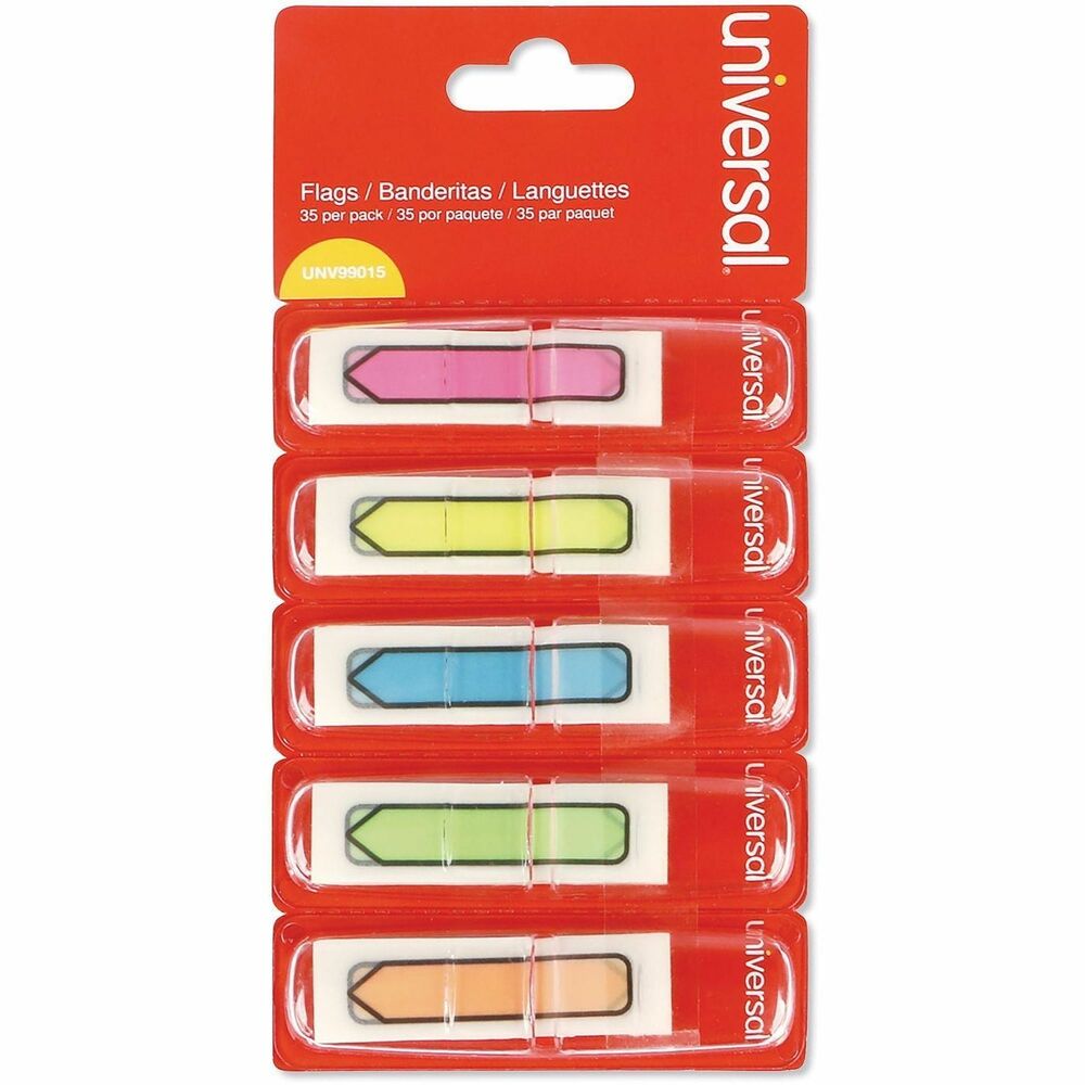 UNV99015 - Colorful, self-stick flags mark important information. Removable/re-positionable flags come in a handy pop-up dispenser. Design fits into all desktop flag holders. Color(s): Assorted; Color Family: Multicolor; Dispenser: Pop-Up; Assortment: Blue; Green; Orange; Pink; Yellow.