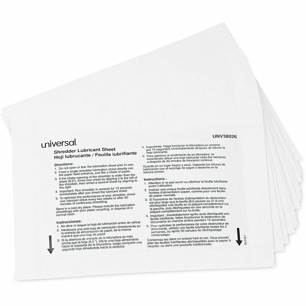 UNV38026 - Universal Shredder Lubricant Sheets deliver the right amount of lubrication to the shredder blade every time. The sheets 5.5"w x 2.8"l are clean to the touch, mess free, and easy-to-use. The lubricated sheets feed directly into the paper entry of the shredder, just like a sheet of paper. Keep your shredder running smoothly and efficiently so it's ready for use every time.