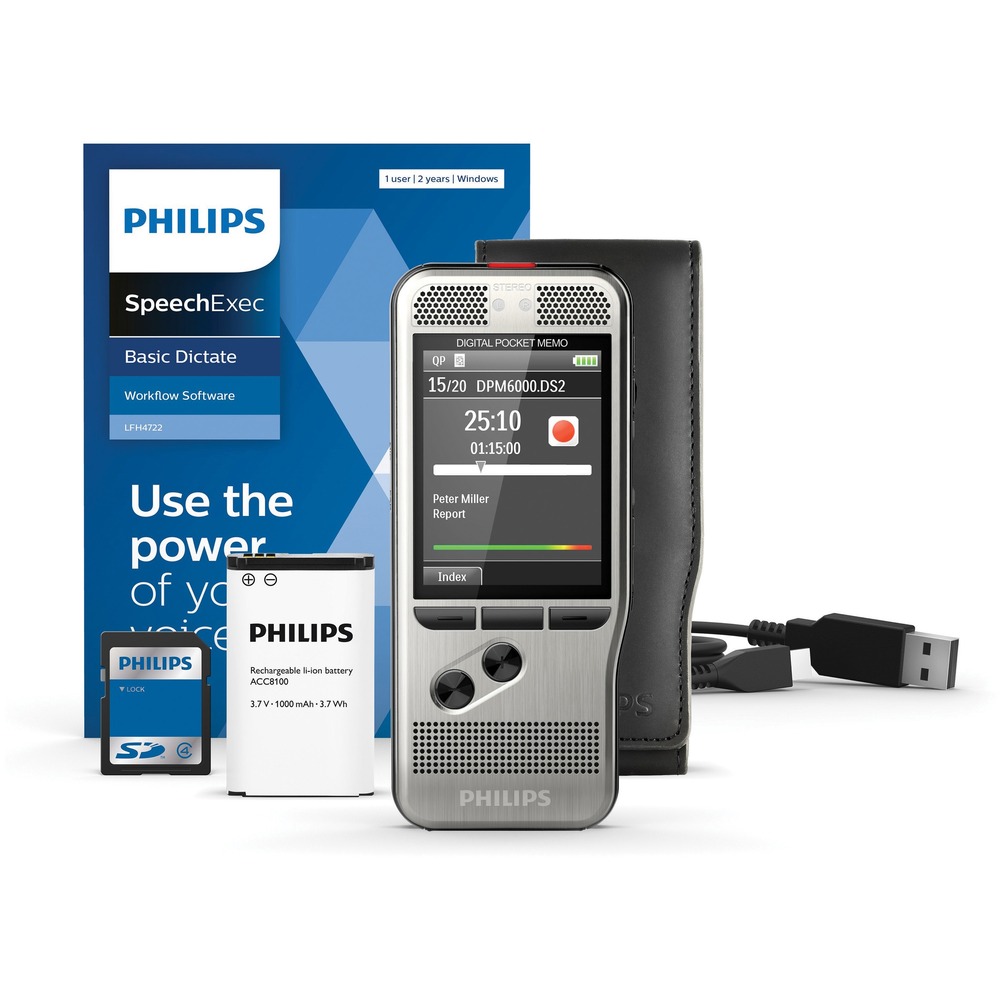 PSPDPM600002 - Digital voice recorder features two microphones that capture high-quality audio to take dictation to a new level. Robust yet lightweight stainless steel design offers excellent ergonomics and durability for working over longer periods of time. Power-saving features and a high-capacity Li-ion battery offer extended recording time and easy charging through a standard USB connection. The SpeechExec software organizes the workflow of dictation files for efficient data management. Large color display and intuitive user interface help you quickly record audio for simple operation.