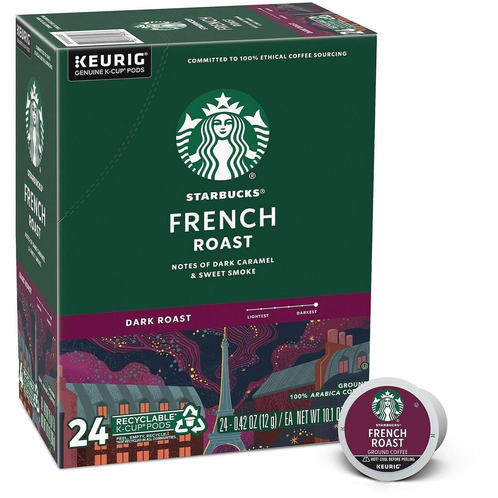 SBK12434813 - Starbuck French Roast delivers a cup of liquid smoke with its deepest, darkest offering. It takes an adventurous palate to appreciate this coffee's blunt flavors. The dark roast is light-bodied and intensely smoky for a bold start to your day. Easy-to-use K-cups are designed for brewing a single cup of coffee in Keurig coffee brewers.