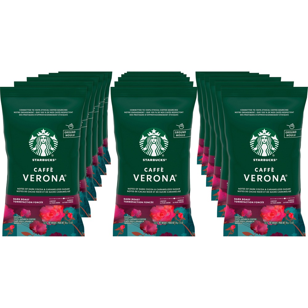 SBK12411956 - Starbucks coffee packets contain preground and measured drip-brewing coffee to give you the Starbucks experience from your own standard coffeemaker. With tasting notes of dark cocoa and roasty sweet, Caffe Verona is a full-bodied, multi-region blend of coffees with the sweet touch of Italian Roast. Dark-roasted coffees feature a fuller body and robust, bold flavors. Portioned packet of 2.5 oz. makes a perfectly brewed pot of delicious coffee.