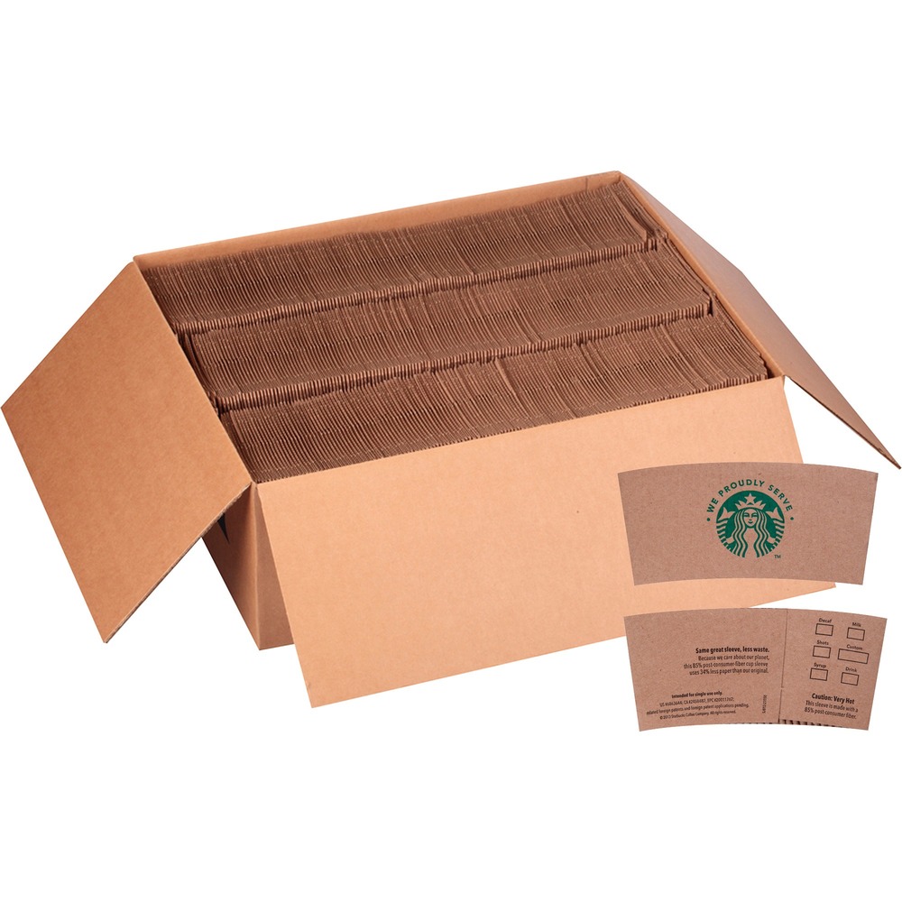 SBK12420977 - Branded cup sleeves are designed to fit 12, 16 and 20 oz. Starbucks hot beverage cups. Textured design provides a good grip, and the sturdy, thick paper insulates your fingers from the heat of your beverage. Recyclable sleeves are made of a high percentage of post-consumer fiber.