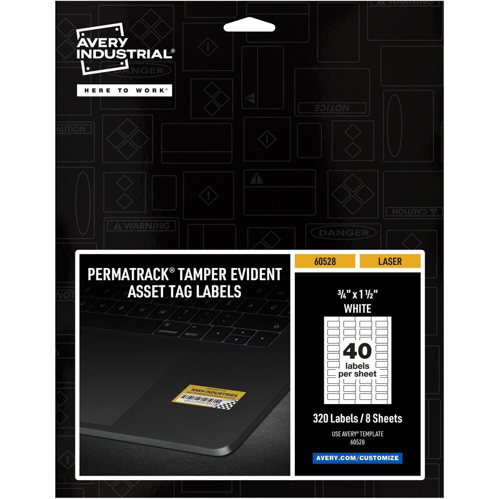 AVE60528 - PermaTrack Tamper-Evident Asset Tag Labels make it easy to create your own asset tags, bar-code labels, equipment tags, property tags and nameplates on demand, right from your laser printer. Allow 24 hours for the labels to set, and once lifted, these labels leave behind a checkered-pattern layer and cannot be reapplied, discouraging theft, tampering or warranty fraud. Chemical-resistant, tear-resistant and waterproof, these asset tags print smoothly without skewing or jamming. Use the free, online, Avery Design & Print software with bar-code generator to add text, graphics, serialized numbers or bar codes in just a few steps. Then print as many asset tags as you need when you need them, avoiding high minimum order quantities and long lead times from custom printing services. Tamper-Evident Asset Tags feature a strong adhesive to enable reliable identification and tracking for the life span of your asset. Each letter-size sheet includes 40 labels (3/4" x 1-1/2").