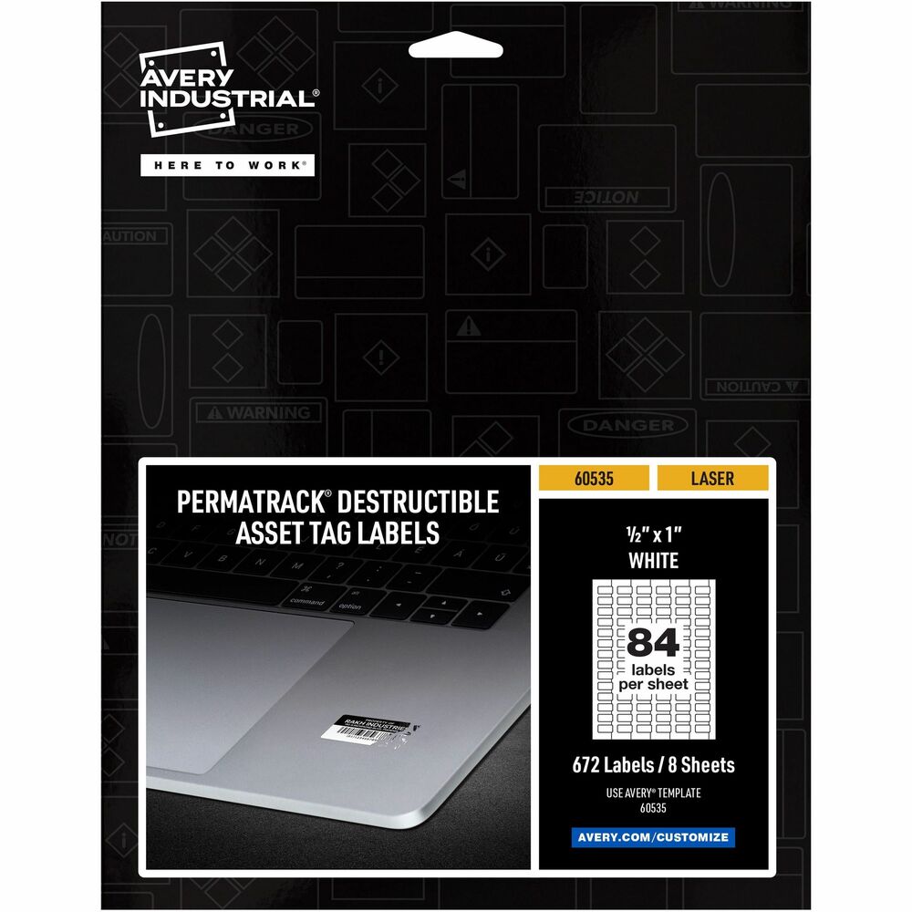 AVE60535 - PermaTrack Destructible Asset Tag Labels make it easy to create your own asset tags, bar-code labels, equipment tags, property tags and nameplates on demand, right from your laser printer. Allow 24 hours for the labels to set, and once lifted, these labels will break into pieces when someone attempts to remove them, discouraging theft, tampering or warranty fraud. Chemical-resistant, tear-resistant and waterproof, these asset tags print smoothly without skewing or jamming. Use the free, online, Avery Design & Print software with bar-code generator to add text, graphics, serialized numbers or bar codes in just a few steps. Then print as many asset tags as you need when you need them, avoiding high minimum order quantities and long lead times from custom printing services. Destructible Asset Tags feature a strong adhesive to enable reliable identification and tracking for the life span of your asset. Each letter-size sheet includes 84 labels (1/2" x 1").