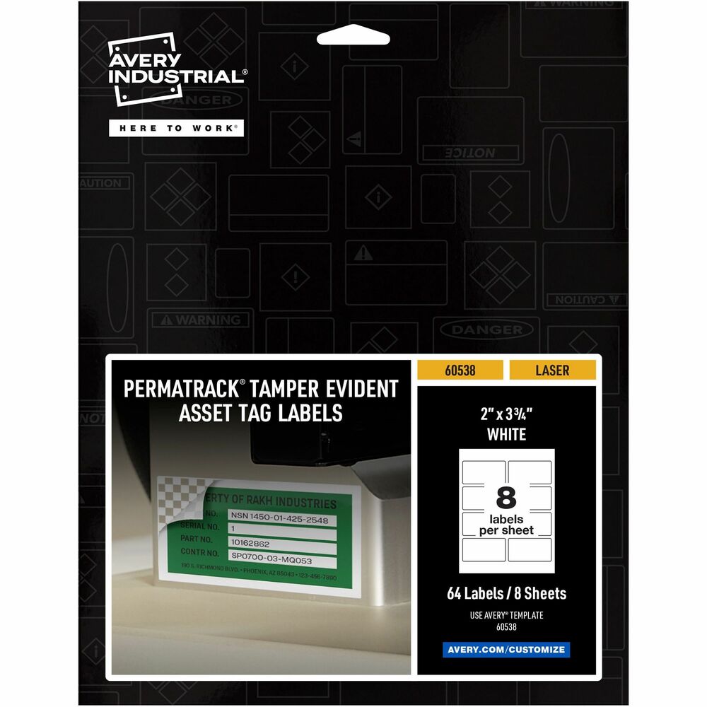 AVE60538 - PermaTrack Tamper-Evident Asset Tag Labels make it easy to create your own asset tags, bar-code labels, equipment tags, property tags and nameplates on demand, right from your laser printer. Allow 24 hours for the labels to set, and once lifted, these labels leave behind a checkered-pattern layer and cannot be reapplied, discouraging theft, tampering or warranty fraud. Chemical-resistant, tear-resistant and waterproof, these asset tags print smoothly without skewing or jamming. Use the free, online, Avery Design & Print software with bar-code generator to add text, graphics, serialized numbers or bar codes in just a few steps. Then print as many asset tags as you need when you need them, avoiding high minimum order quantities and long lead times from custom printing services. Tamper-Evident Asset Tags feature a strong adhesive to enable reliable identification and tracking for the life span of your asset. Each letter-size sheet includes eight labels (3-3/4" x 2").