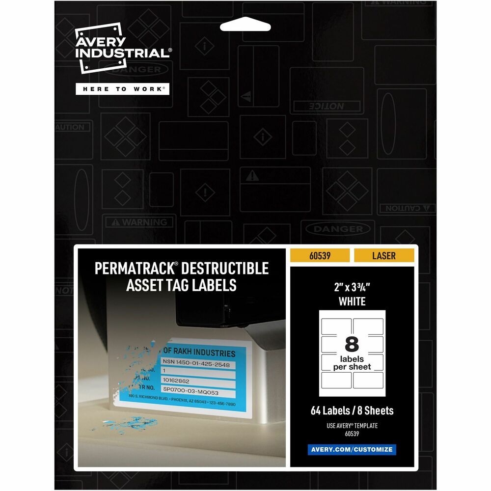 AVE60539 - PermaTrack Destructible Asset Tag Labels make it easy to create your own asset tags, bar-code labels, equipment tags, property tags and nameplates on demand, right from your laser printer. Allow 24 hours for the labels to set, and once lifted, these labels will break into pieces when someone attempts to remove them, discouraging theft, tampering or warranty fraud. Chemical-resistant, tear-resistant and waterproof, these asset tags print smoothly without skewing or jamming. Use the free, online, Avery Design & Print software with bar-code generator to add text, graphics, serialized numbers or bar codes in just a few steps. Then print as many asset tags as you need when you need them, avoiding high minimum order quantities and long lead times from custom printing services. Destructible Asset Tags feature a strong adhesive to enable reliable identification and tracking for the life span of your asset. Each letter-size sheet includes eight labels (3-3/4" x 2").