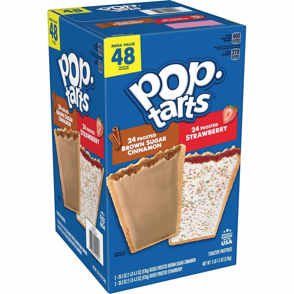 KEB22095 - Pop-Tarts Variety Pack contains brown sugar cinnamon and frosted strawberry toaster pastries for a delicious treat to look forward to any time of day. Jump-start your day with either a sweet, gooey brown sugar, cinnamon-flavored filling or the fruity blast of a strawberry-flavored center. Both treats are encased in a pastry crust and topped with yummy frosting. Pop-Tarts are a quick, tasty snack to pack in lunchboxes and take on-the-go. Store them in your desk drawer for a pick-me-up at the office. Keep them on hand in your pantry or bring them in the car for a snack on the road. These toaster pastries also make welcome additions to care packages, goodie bags and gift baskets. Just pop them in your toaster for a crisp, warm crust; heat them in the microwave; or enjoy them straight out of the foil with a glass of milk.