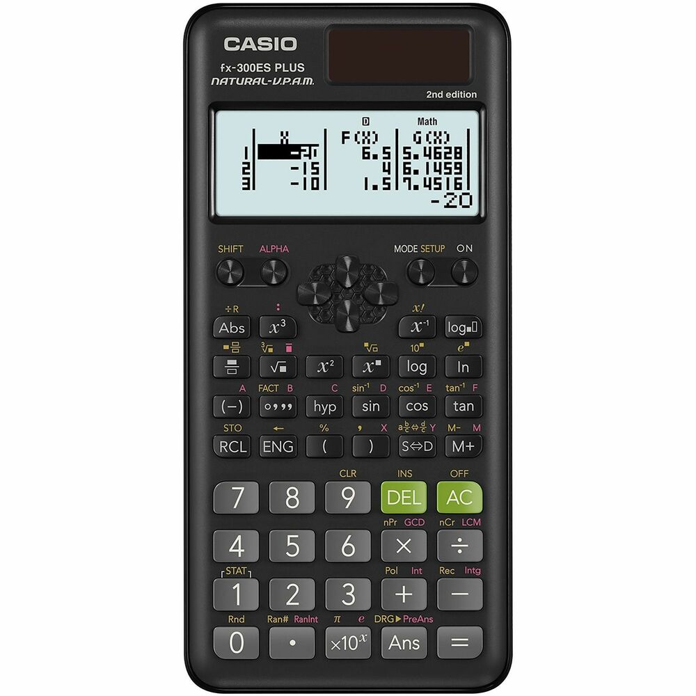 CSOFX300ESPLS2 - FX-300ESPLS2-S 2nd Edition Scientific Calculator features a sleek design and slide-on hard case for protection. It is perfect for middle school and high school students learning General Math, Trigonometry, Statistics, Algebra I and II, Pre-Algebra, Geometry and Physics. Natural Textbook Display presents fractions, derivatives, integrals, sum and other operations similar to their display in math textbooks. Calculator functions include linear regression, quadratic regression, logarithmic repression, e-exponential regression, ab-exponential regression, power regression and inverse regression. It also transforms a displayed decimal calculation to a fraction or mixed number and converts it back to decimal form. Scroll up on the screen to see and edit previous calculations. Table mode lets you input a function and view the table of values. Calculator is compliant to use on PSAT/NMSQT, SAT, ACT and AP tests.