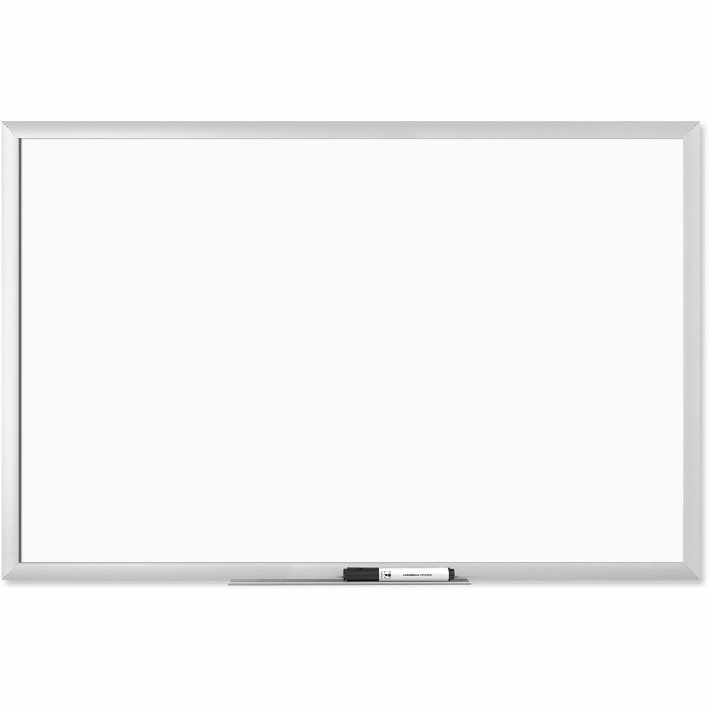 UBR071U0001 - Melamine Dry-Erase Board with a silver aluminum frame is the perfect, functional solution for occasional and light-use areas in your office, classroom, home or commercial space. Most dry-erase markers work well with this board. U Brands dry-erase markers (not included) provide the ultimate writing and erasability experience. Writing surface requires minimal, ongoing cleaning care to ensure the best performance. After continuous use, clean occasionally with any spray or wet wipes (none included) made for dry-erase boards. Strong, thick insulation underneath the dry-erase surface combined with the aluminum frame provide a firm, rigid construction. Universal mounting system lets you hang it vertically or horizontally to fit your allocated space. Mounting hardware and instructions are included for quick, easy mounting. Actual measurements of the board surface are 35" wide x 23" high.