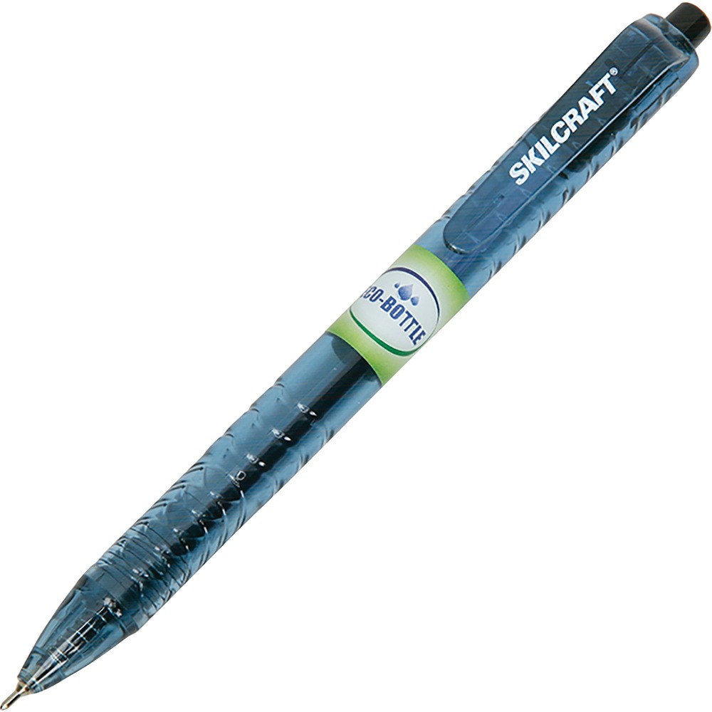NSN6827164 - Retractable ballpoint pens are made of recycled water bottles to help preserve our environment. Sleek, transparent blue barrel features an eye-catching look and shows the remaining ink. Built-in clip slips conveniently onto notebook and pockets. Dependable medium point delivers black ink. Plunger on pen top matches ink color.