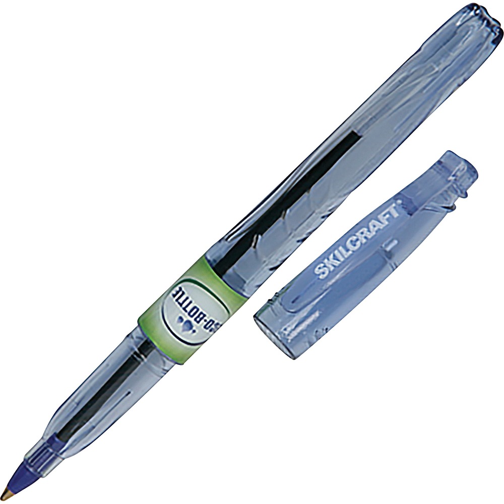 NSN6827160 - Ballpoint stick pens are made of recycled water bottles to help preserve our environment. Pen top is even shaped like a plastic bottle. Sleek, transparent blue barrel features an eye-catching look and shows the remaining ink. Built-in clip on cap slips conveniently onto notebook and pockets. Dependable fine point delivers black ink.