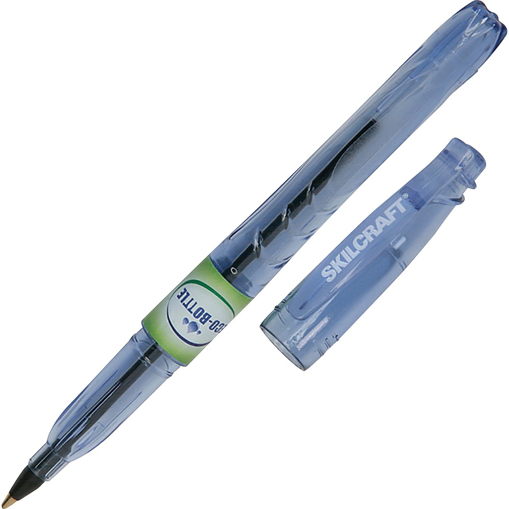 NSN6827161 - Ballpoint stick pens are made of recycled water bottles to help preserve our environment. Pen top is even shaped like a plastic bottle. Sleek, transparent blue barrel features an eye-catching look and shows the remaining ink. Built-in clip on cap slips conveniently onto notebook and pockets. Dependable medium point delivers black ink.