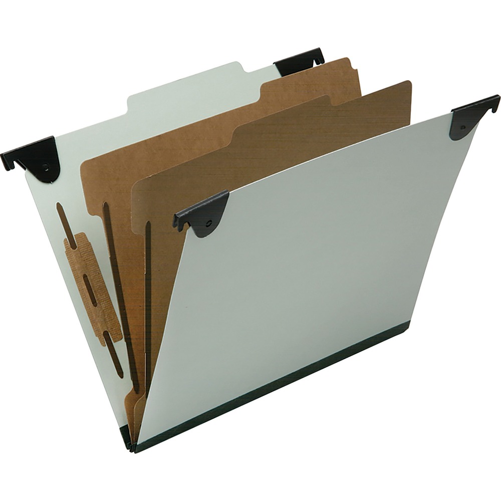 NSN6816250 - Heavy-duty portable folders are perfect for use in desk drawers or cabinets. Pivoting fold-down hangers allow you to have a classification folder ready to go. Folders are made of durable, 25 point pressboard covers and feature 1" capacity bonded fasteners and top tabs that are 2/5-cut and right of center. Each folder also features 2" Tyvek expansion gusset bottom and two dividers to create six sections. Dividers are made of 17 point Kraft material and include dual 1" coated fasteners. TAA-compliant folders are made using 60 percent total recycled fiber with 30 percent post-consumer recycled material.