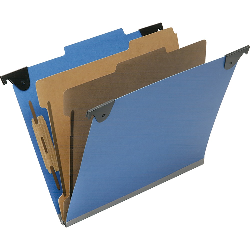 NSN6817011 - Heavy-duty portable folders are perfect for use in desk drawers or cabinets. Pivoting fold-down hangers allow you to have a classification folder ready to go. Folders are made of durable, 25 point pressboard covers and feature 1" capacity bonded fasteners and top tabs that are 2/5-cut and right of center. Each folder also features 2" Tyvek expansion gusset bottom and two dividers to create six sections. Dividers are made of 17 point Kraft material and include dual 1" coated fasteners. TAA-compliant folders are made using 60 percent total recycled fiber with 30 percent post-consumer recycled material.