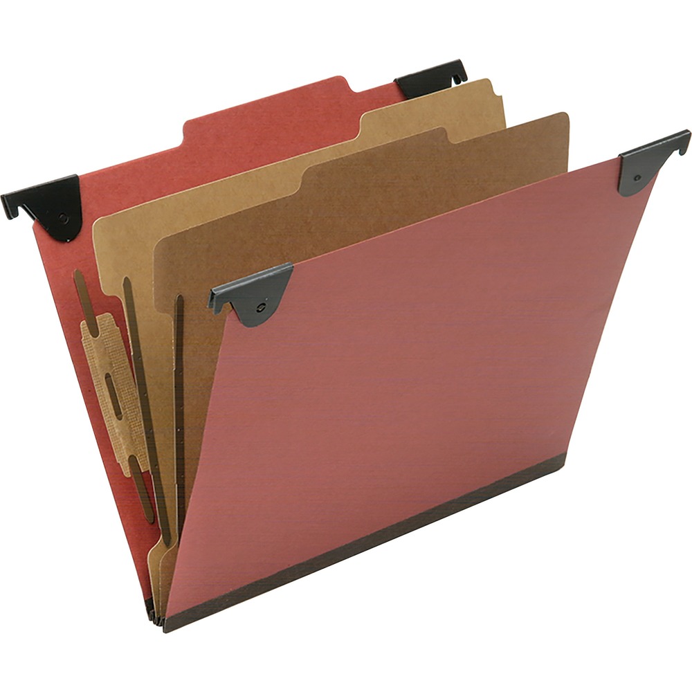 NSN6816534 - Heavy-duty portable folders are perfect for use in desk drawers or cabinets. Pivoting fold-down hangers allow you to have a classification folder ready to go. Folders are made of durable, 25 point pressboard covers and feature 1" capacity bonded fasteners and top tabs that are 2/5-cut and right of center. Each folder also features 2" Tyvek expansion gusset bottom and two dividers to create six sections. Dividers are made of 17 point Kraft material and include dual 1" coated fasteners. TAA-compliant folders are made using 60 percent total recycled fiber with 30 percent post-consumer recycled material.