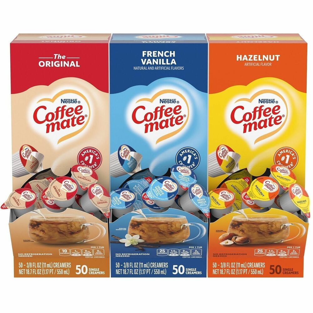 NES46193 - Delight your employees, customers and guests by offering Coffee mate liquid creamer in your workplace, breakroom or kitchen. Variety pack includes three flavors, including Original, French and Hazelnut. French vanilla liquid creamer offers a deliciously creamy, classic vanilla taste that's perfect anytime. Hazelnut flavor coffee creamer is the perfect way to create a delicious cup of nutty sweetness. Rich, smooth flavor makes it perfect for the breakroom or reception so everyone can enjoy coffeehouse indulgence without ever leaving your office building. Nondairy creamer is lactose-free, gluten-free and Kosher Dairy. The single-serve tubs do not require refrigeration.
