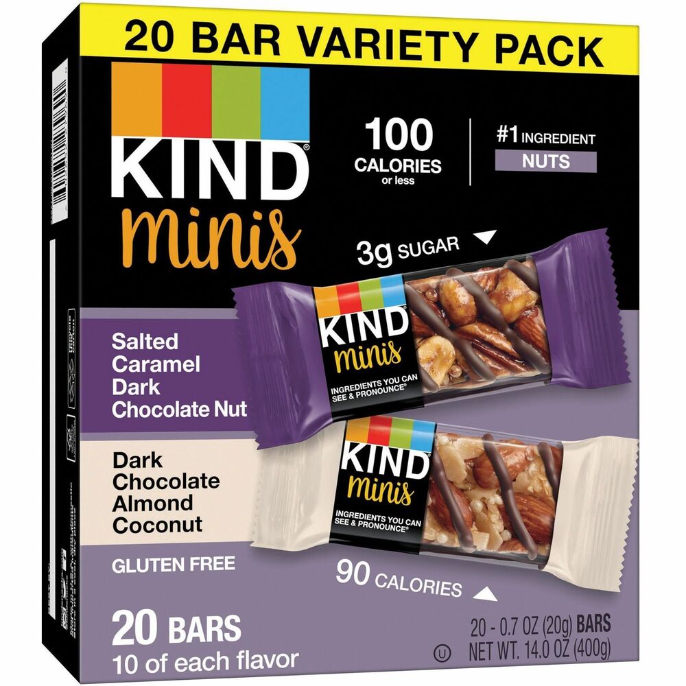 KND27970 - Variety pack offers two different flavors in miniature bars that are made with California almonds, wildflower honey and unsweetened chocolate for a seemingly indulgent treat. Non-GMO ingredients are cholesterol-free and do not contain hydrogenated oils. Individual packaging ensures complete freshness and allows you to take these treats with you on-the-go. More from the Manufacturer